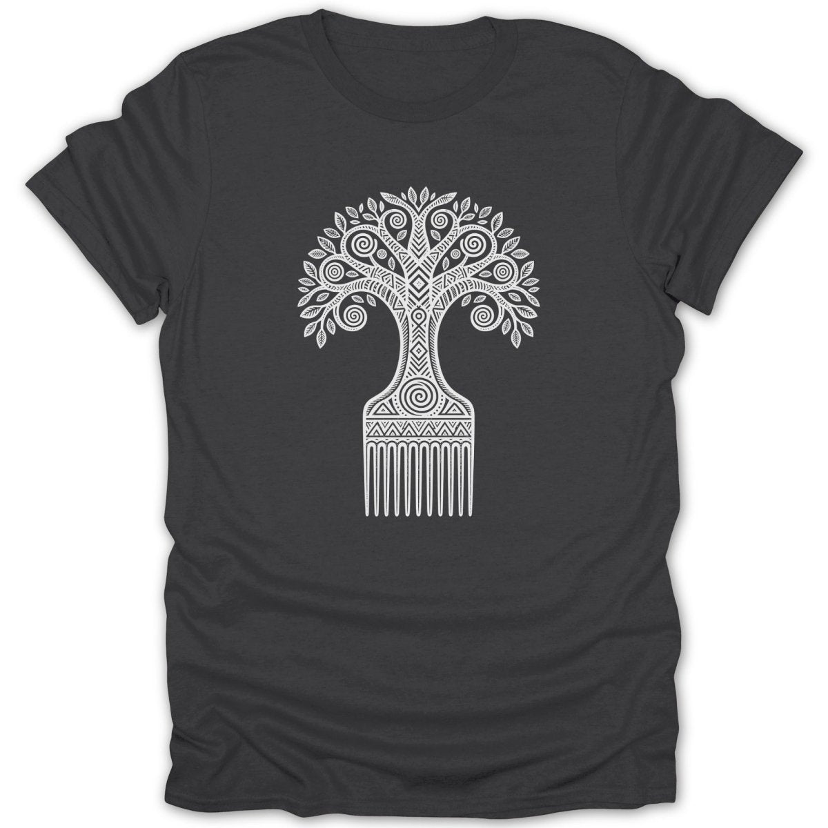 Dark t-shirt with white tree of life design integrated with a comb.