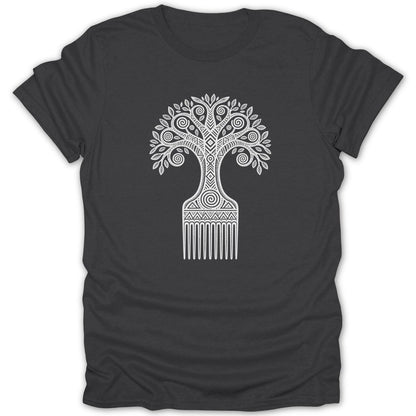Dark t-shirt with white tree of life design integrated with a comb.