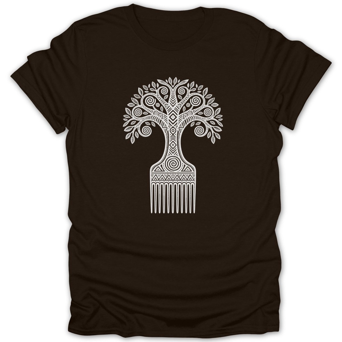 Brown t-shirt with white illustrated tree comb design.