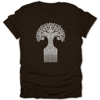 Brown t-shirt with white illustrated tree comb design.
