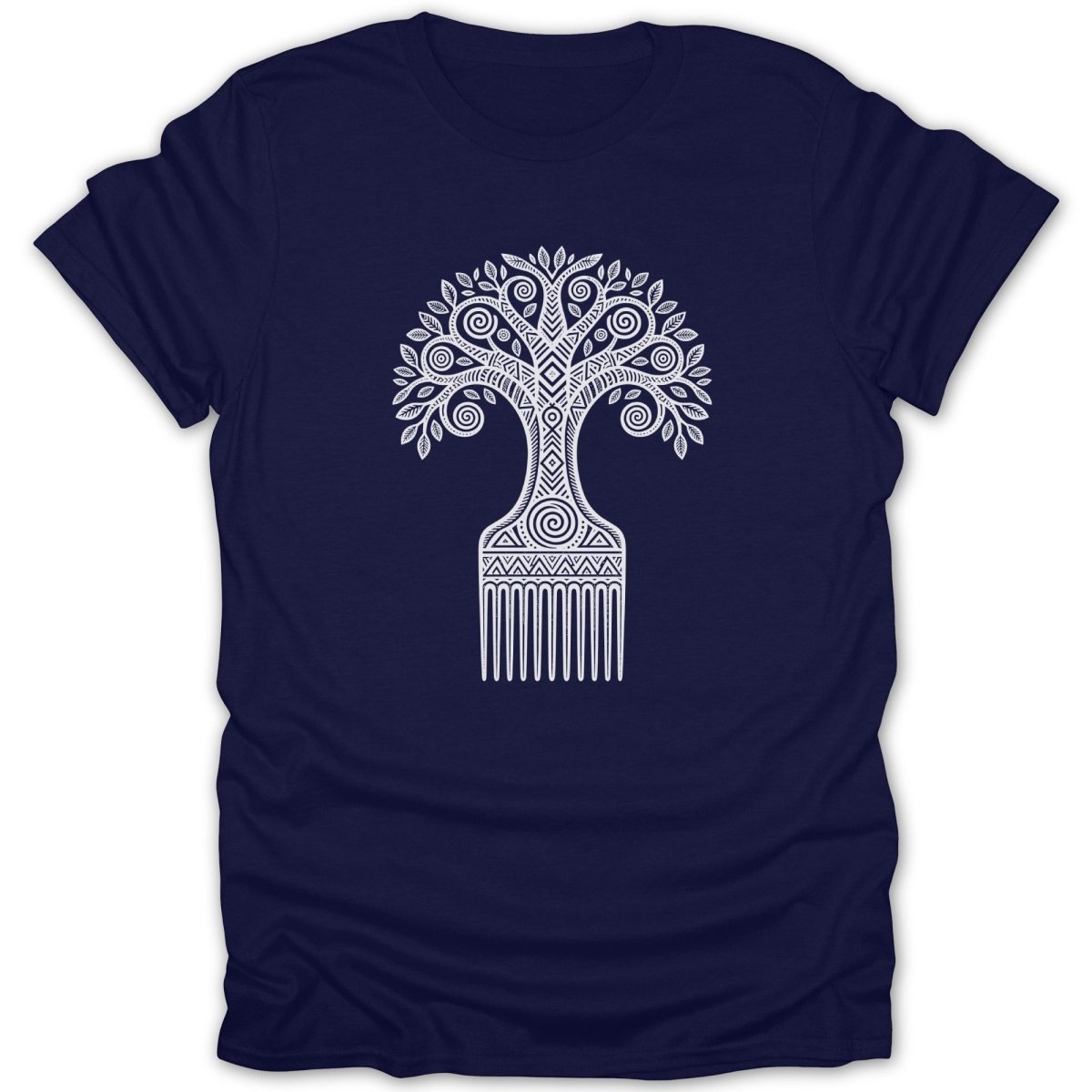 Dark blue t-shirt with a white graphic of a tree designed like a comb.