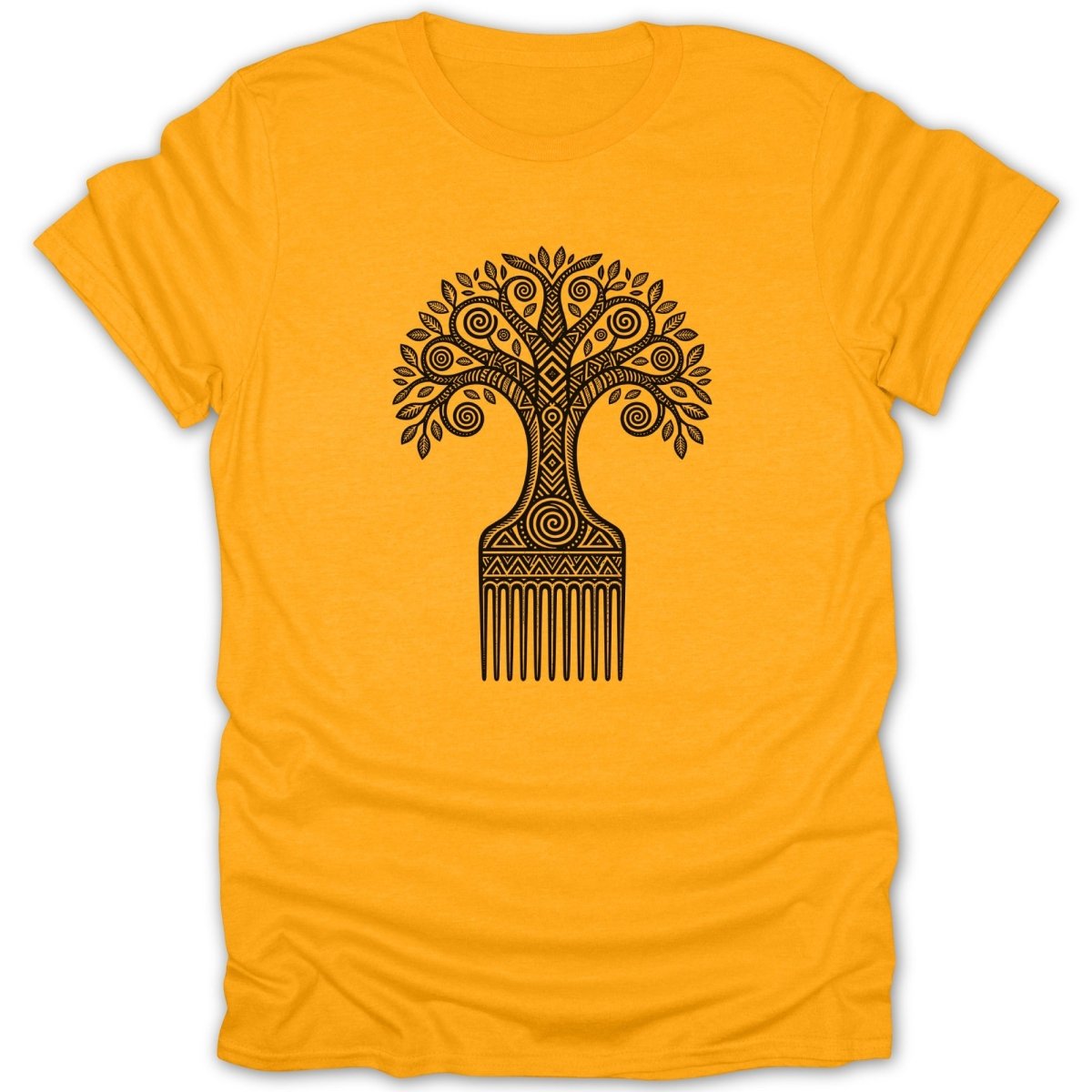 Yellow t-shirt with a black line-art design of a tree growing from a comb.