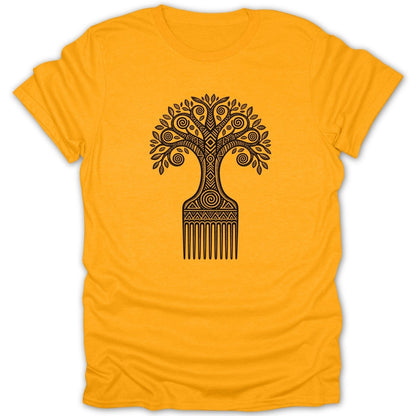 Yellow t-shirt with a black line-art design of a tree growing from a comb.