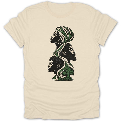 Three profiles of Black individuals layered with green and white tree roots and leaves.