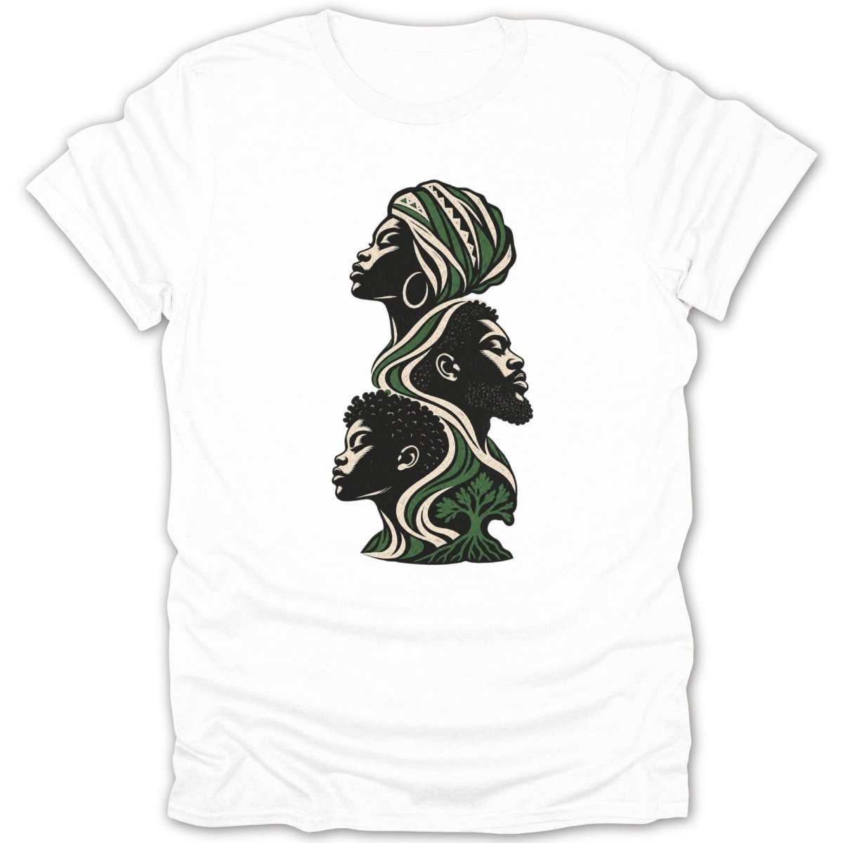 Black family tree graphic with woman, man, and child in profile.