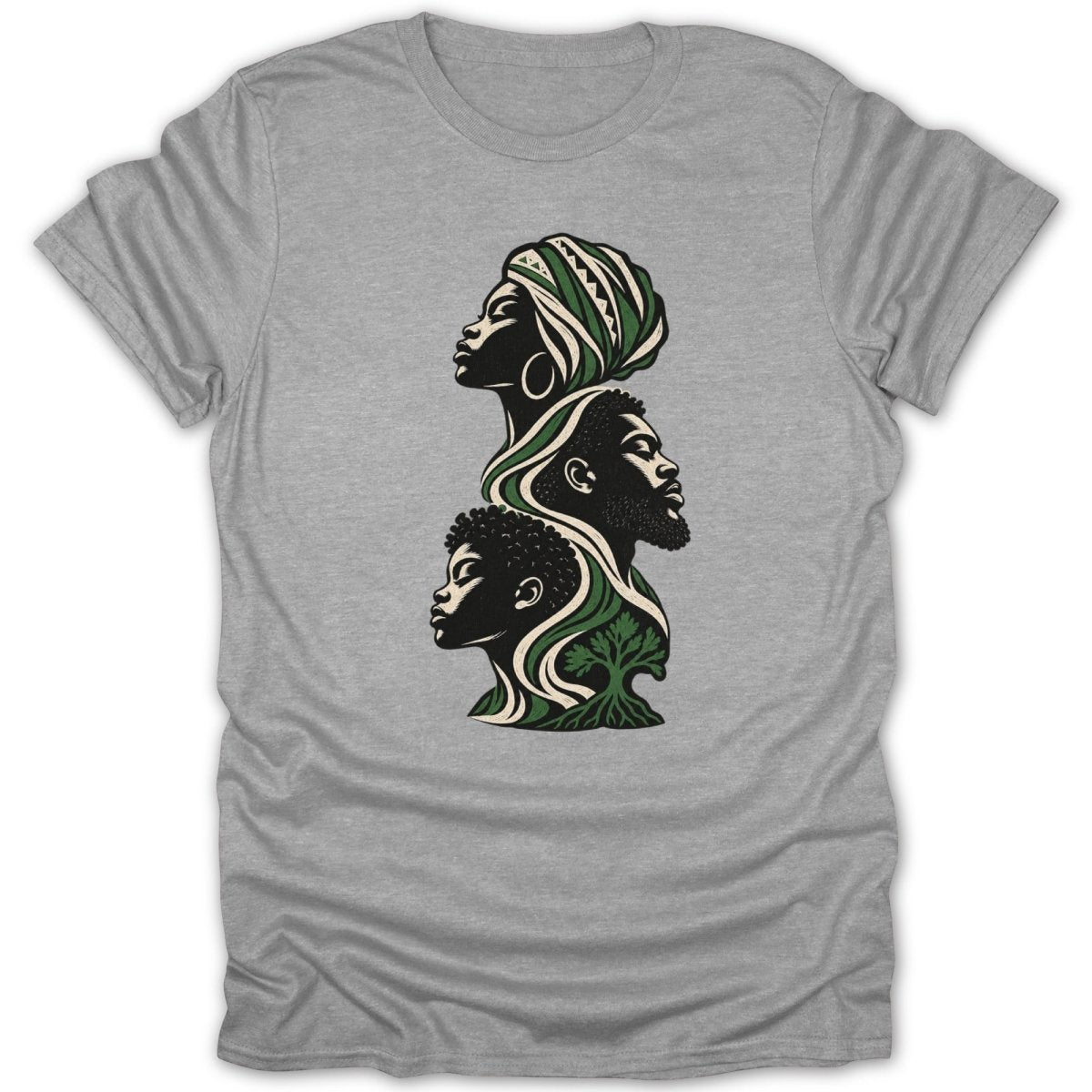 Three profiles of Black people with tree roots and flowing lines, printed on a gray t-shirt.