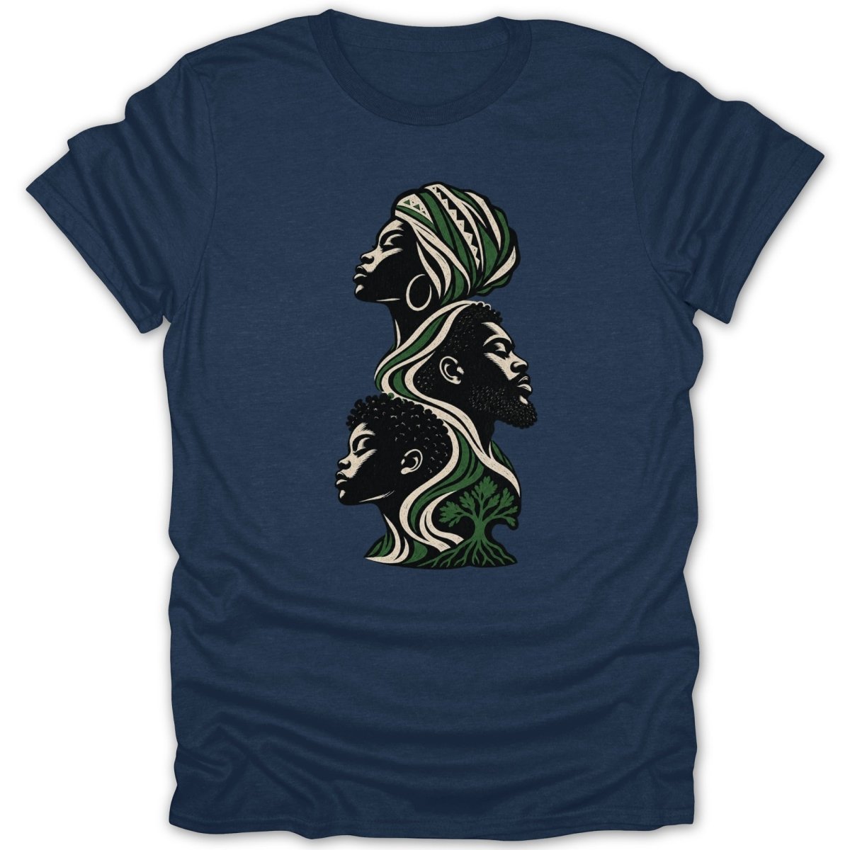 Graphic design of three faces stacked vertically with intertwined green and white leafy elements.