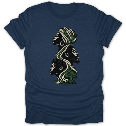 Graphic design of three faces stacked vertically with intertwined green and white leafy elements.
