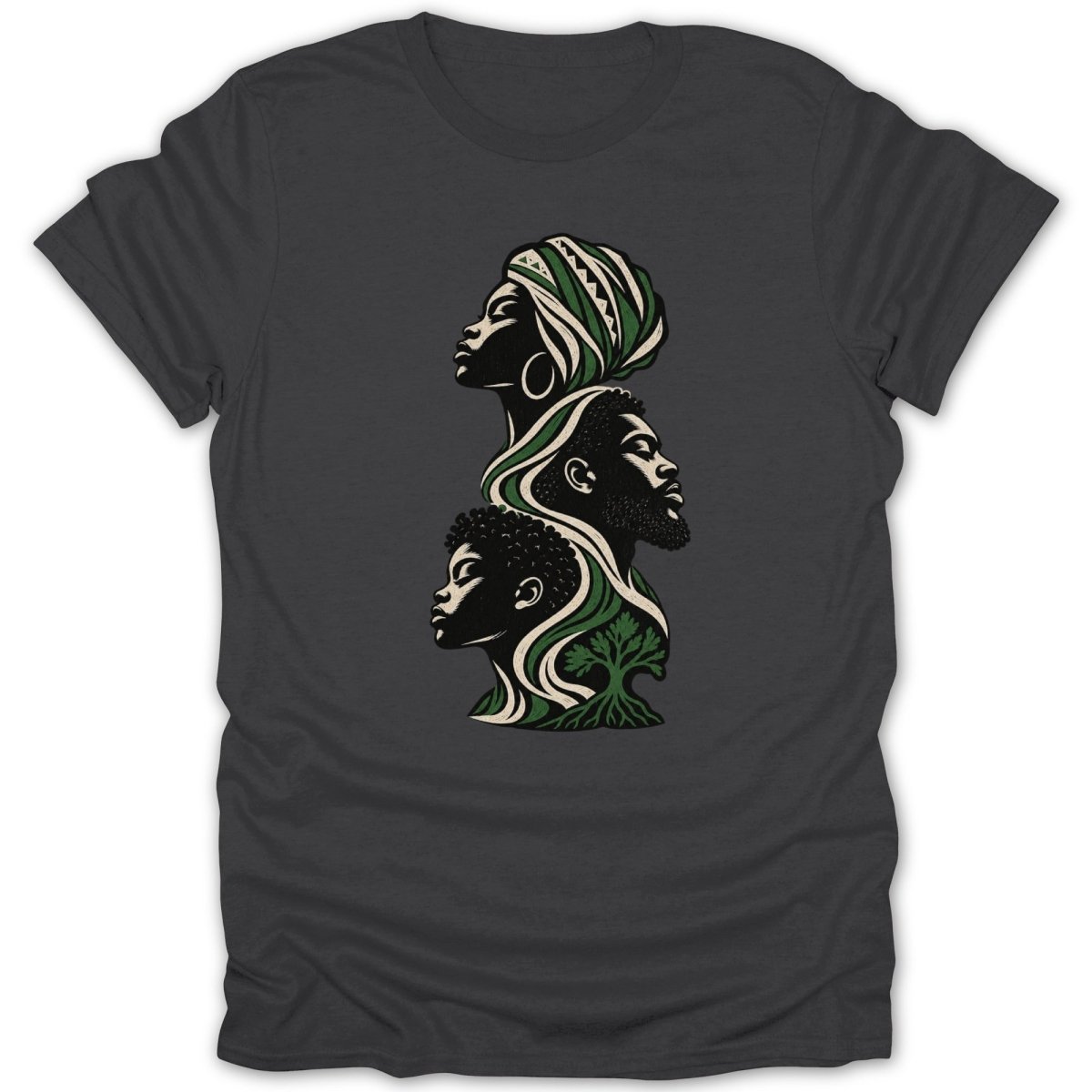 Stylized artwork of three Black people's profiles stacked vertically, with green and white flowing lines and a tree.