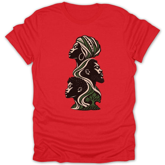 Illustration of three profiles and a tree in shades of green and cream on a red t-shirt.