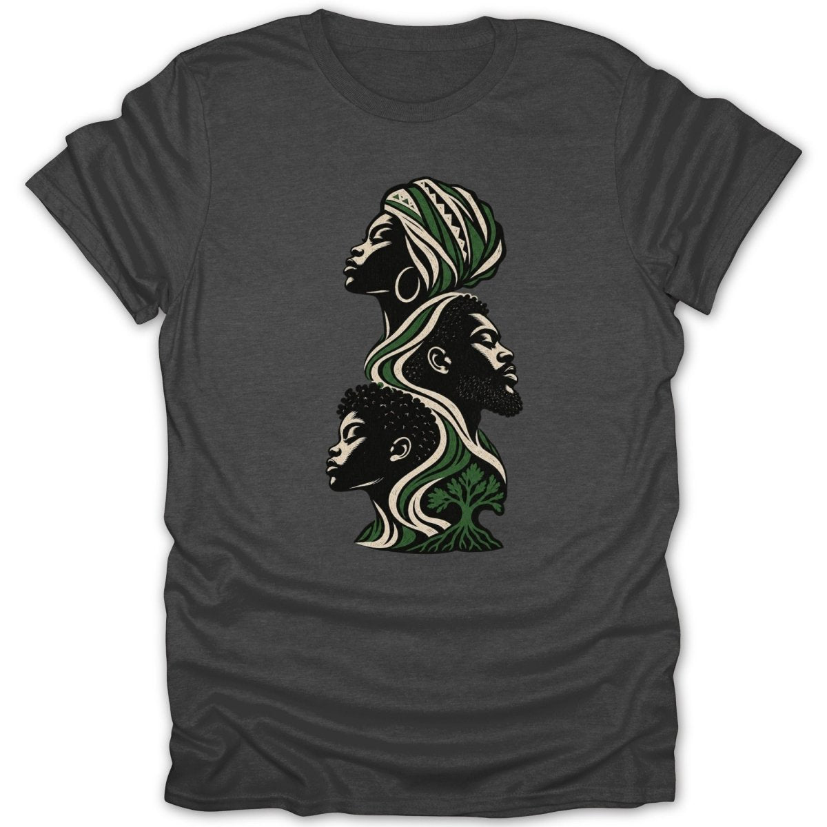 Black family tree design featuring three profile views and green leaf elements on a t-shirt.