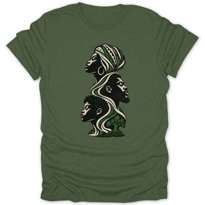 Three stylized heads in profile, stacked vertically, with a tree at the bottom.
