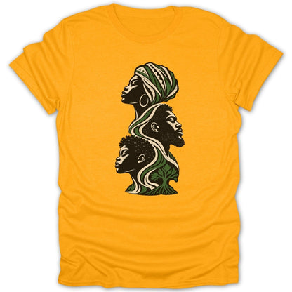 Yellow t-shirt with illustration of three black faces and a tree.