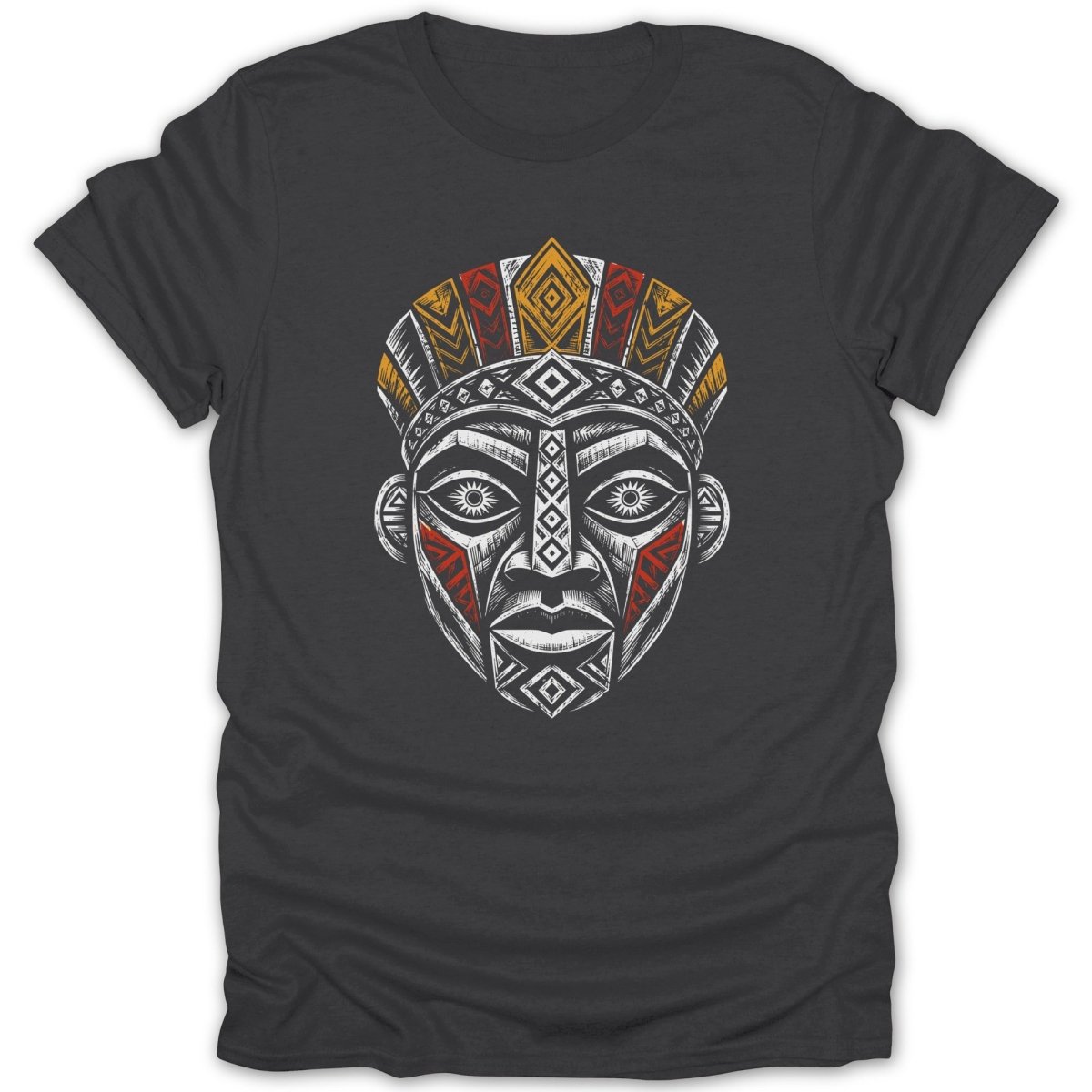 Dark t-shirt with a colorful tribal mask graphic.