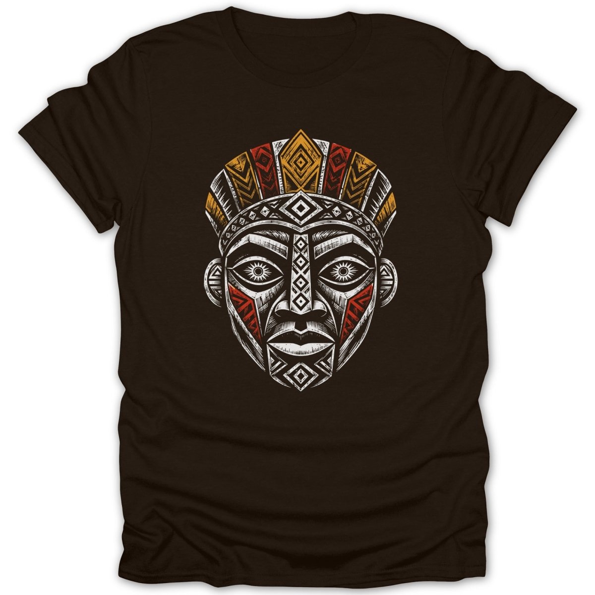 Tribal mask with geometric patterns on a dark t-shirt.