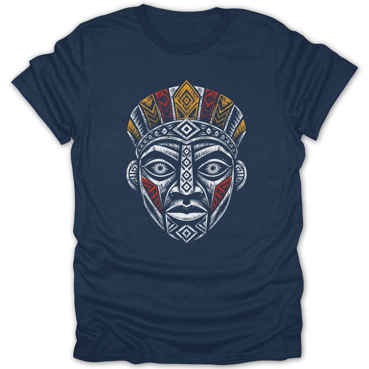 Dark blue t-shirt featuring a stylized African tribal mask design.