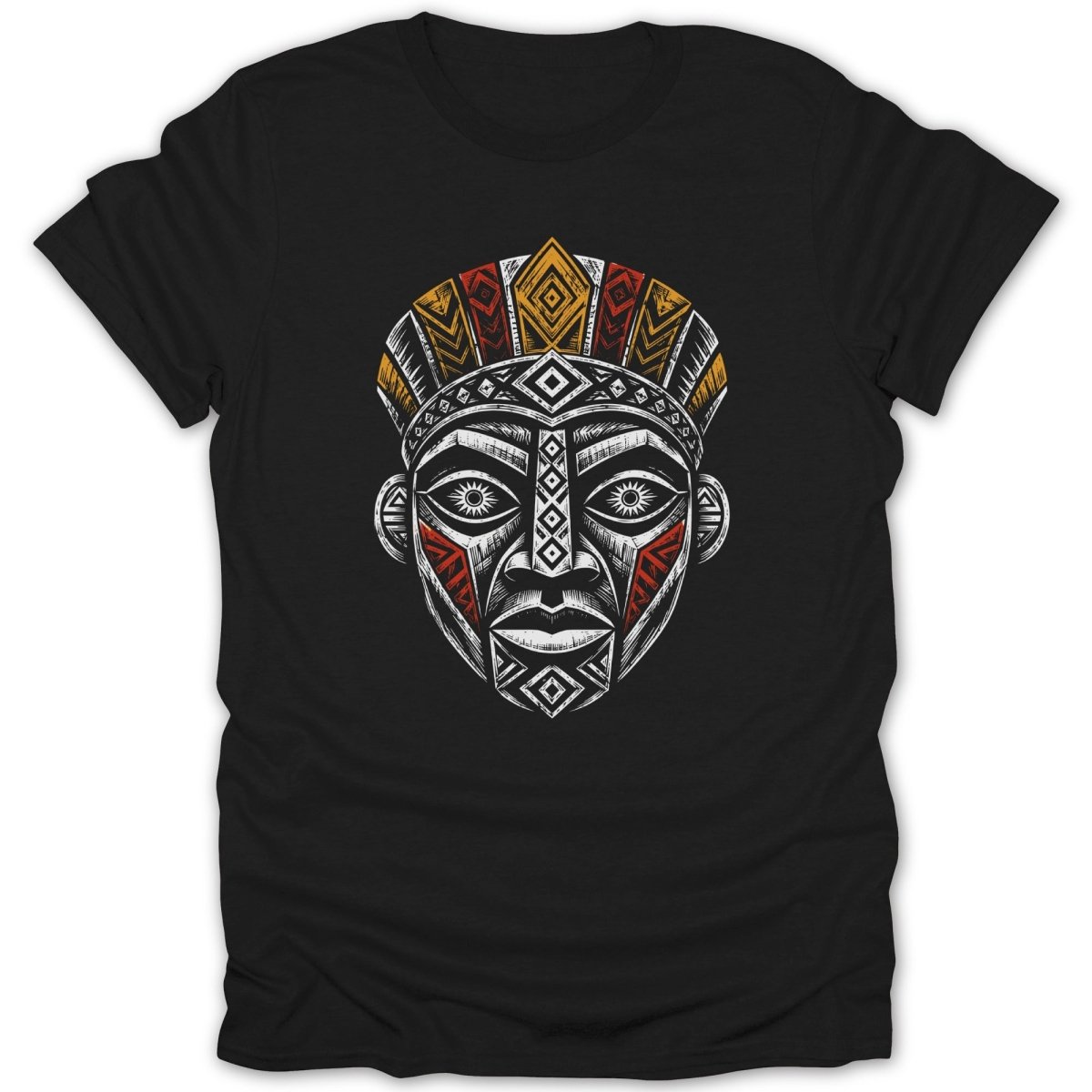 Black t-shirt featuring a colorful tribal mask design with geometric patterns.