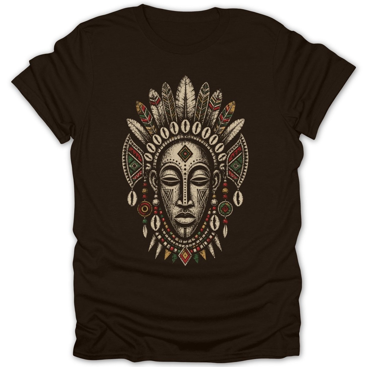 Tribal mask with feathers and beadwork on a brown t-shirt.