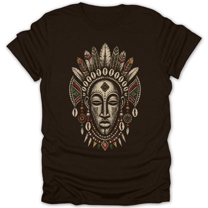 Tribal mask with feathers and beadwork on a brown t-shirt.