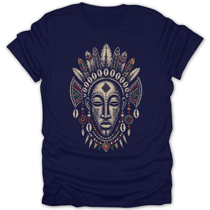 Navy t-shirt with a tribal mask and feather headdress graphic.