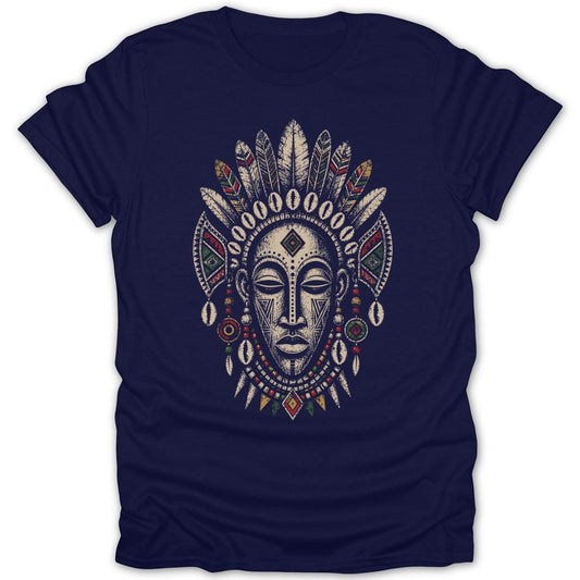 Navy t-shirt with a tribal mask and feather headdress graphic.
