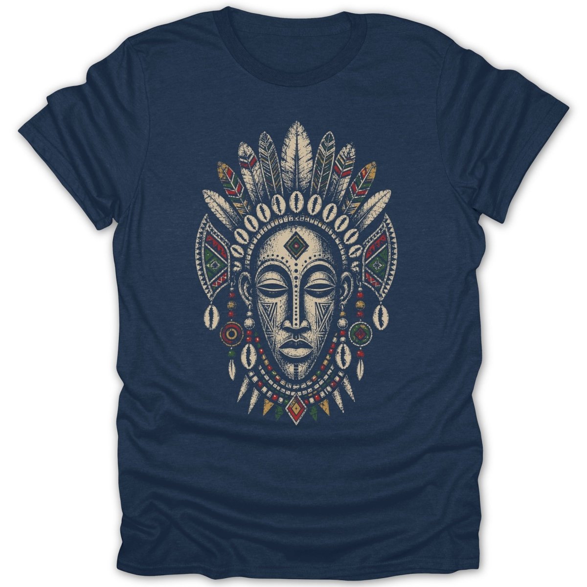 Navy t-shirt with a stylized tribal mask and feather headdress design.
