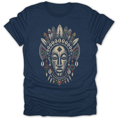 Navy t-shirt with a stylized tribal mask and feather headdress design.