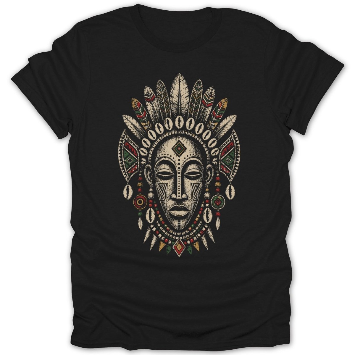 T-shirt with a stylized African tribal mask design featuring feathers and beads.
