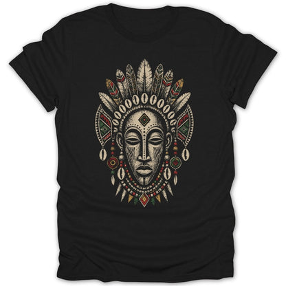 T-shirt with a stylized African tribal mask design featuring feathers and beads.