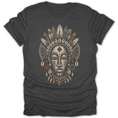 Tribal mask with feathers and bead necklace on a dark t-shirt.
