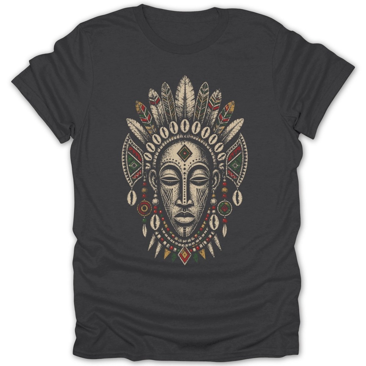 T-shirt with a dark charcoal graphic of a stylized tribal mask with feathers and beads.