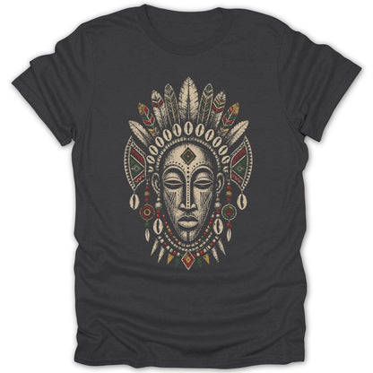T-shirt with a dark charcoal graphic of a stylized tribal mask with feathers and beads.