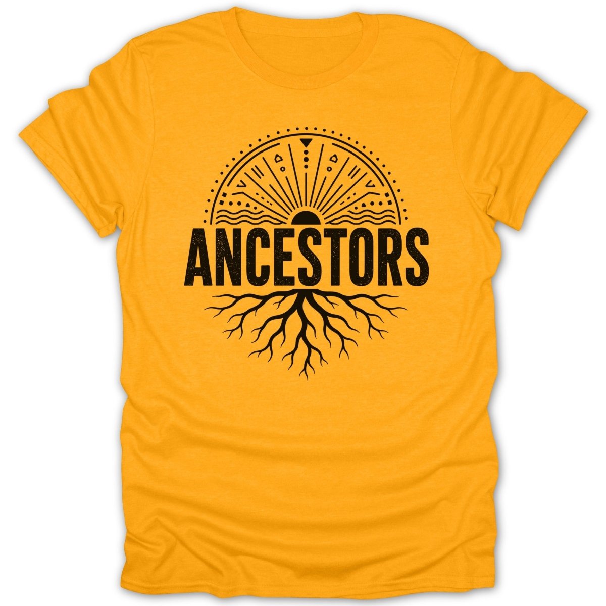 Yellow t-shirt with "ANCESTORS" text and a sun and root design.