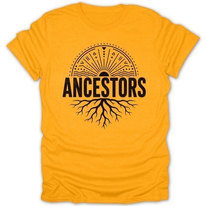 Yellow t-shirt with "ANCESTORS" text and a sun and root design.