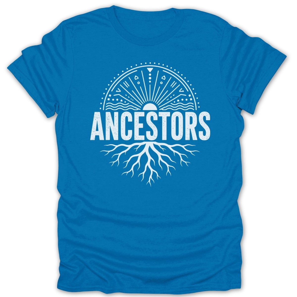 Blue t-shirt with "ANCESTORS" and a sun and root design.
