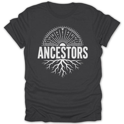 Dark t-shirt with white "ANCESTORS" text and sunburst root design.