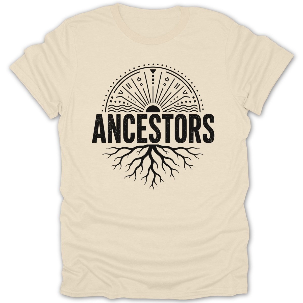 T-shirt with a sun, radiating lines, and tree roots above the word "ANCESTORS".
