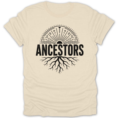 T-shirt with a sun, radiating lines, and tree roots above the word "ANCESTORS".