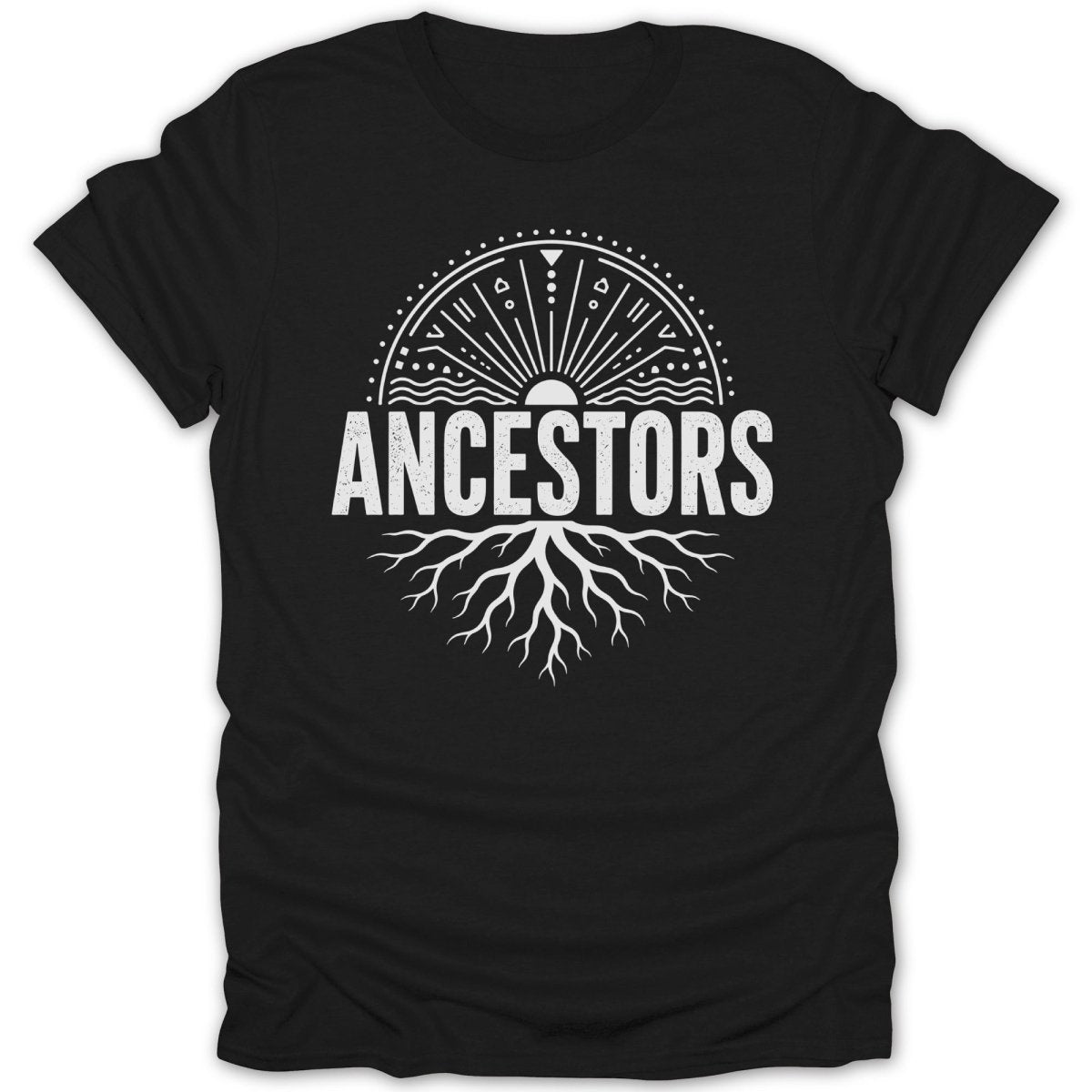 Black t-shirt with white circular design featuring "ANCESTORS" and roots.