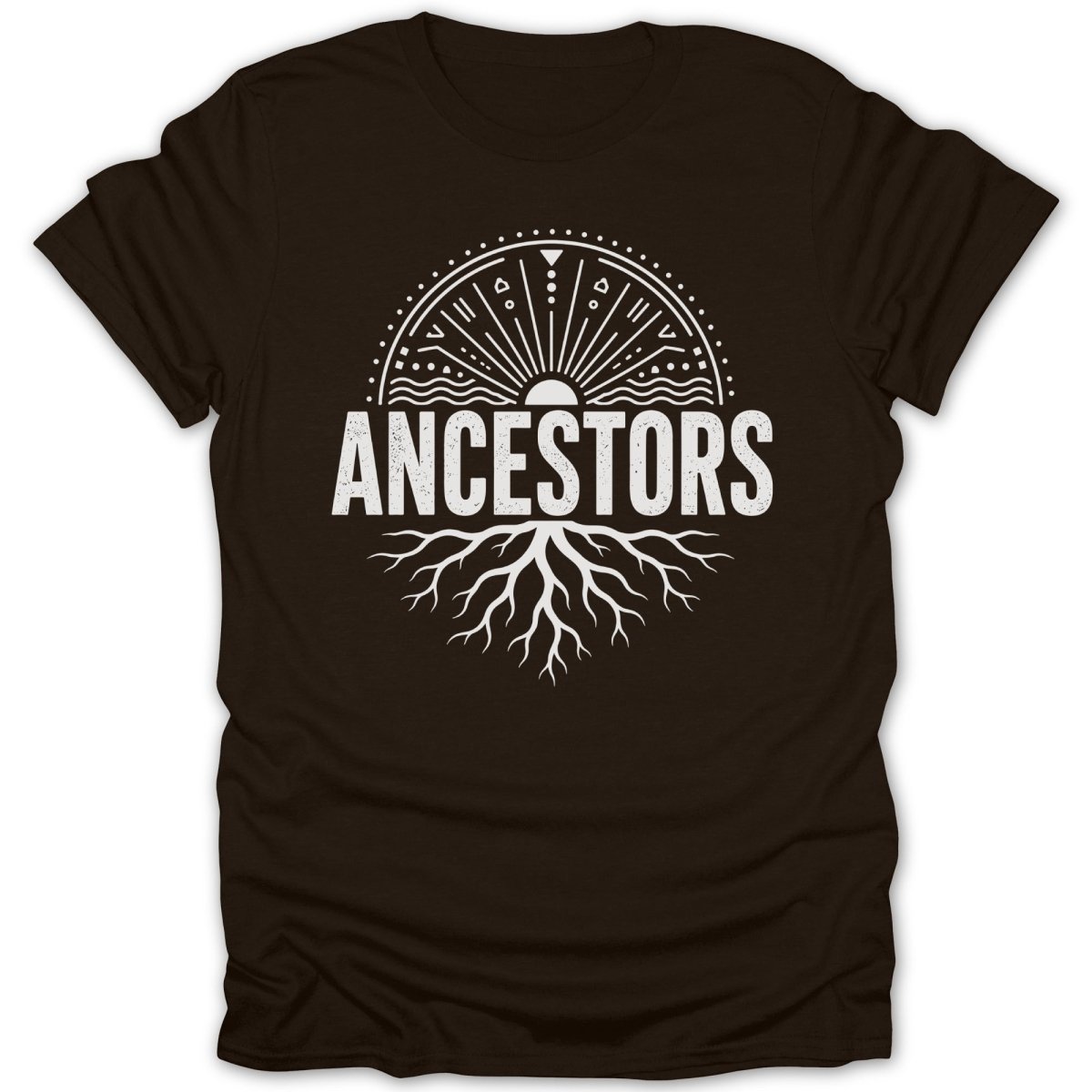 Brown t-shirt with white "ANCESTORS" text and a sun and root design.