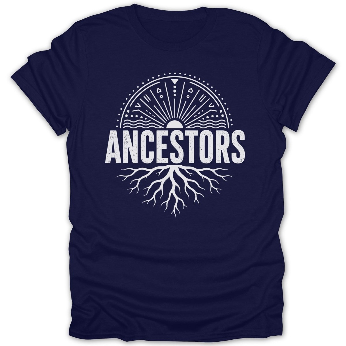 Navy t-shirt with "ANCESTORS" in white text, above a sun and root design.