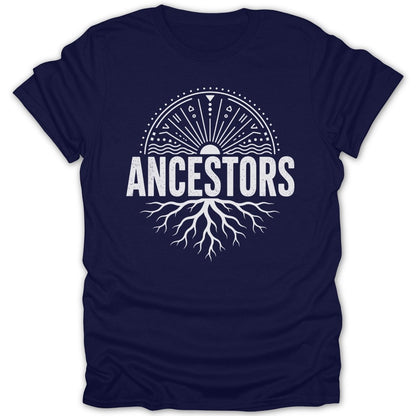 Navy t-shirt with "ANCESTORS" in white text, above a sun and root design.