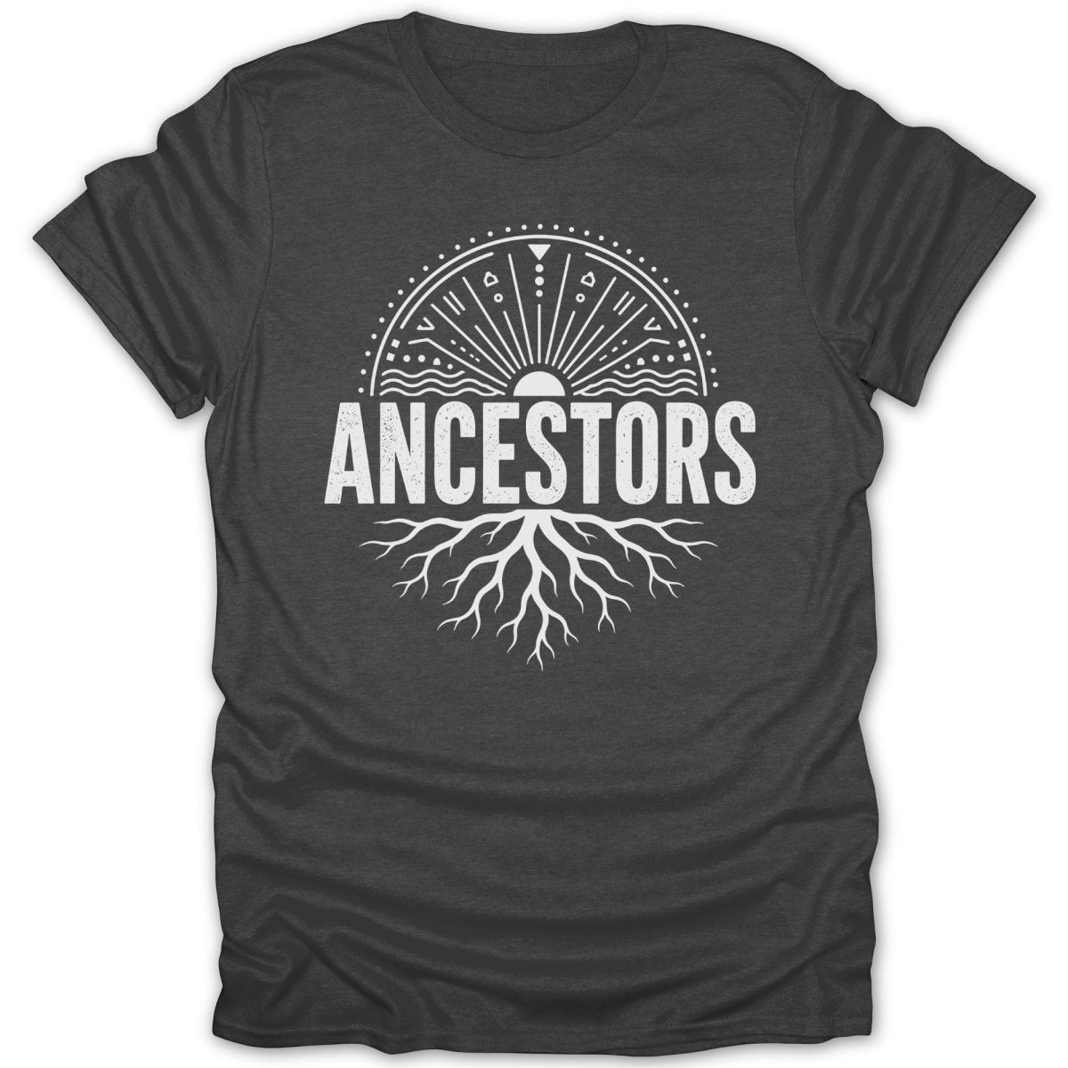 Dark t-shirt with "ANCESTORS" in white lettering and a stylized sun and root design.