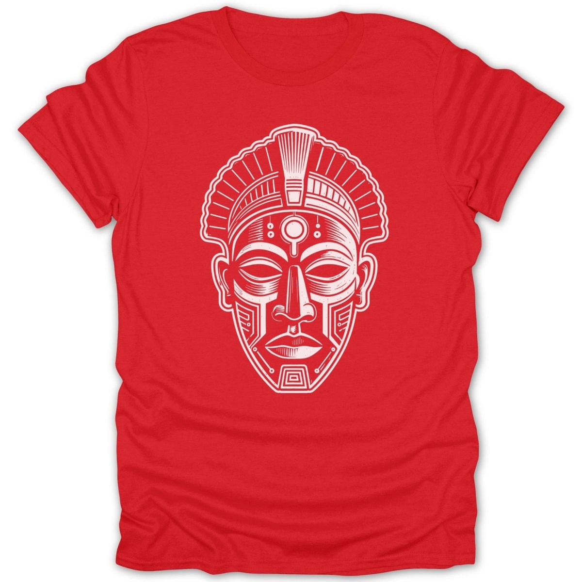 Red t-shirt featuring a white tribal mask design.