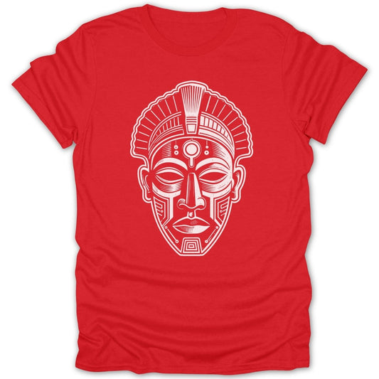 Red t-shirt featuring a white tribal mask design.