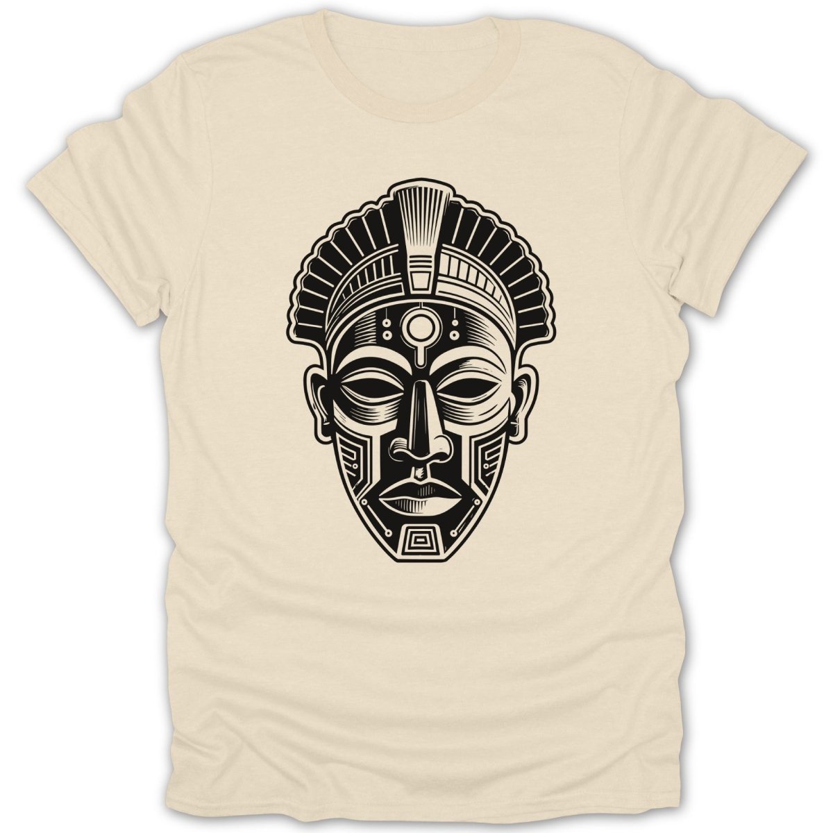 Black and white tribal mask graphic on a cream t-shirt.