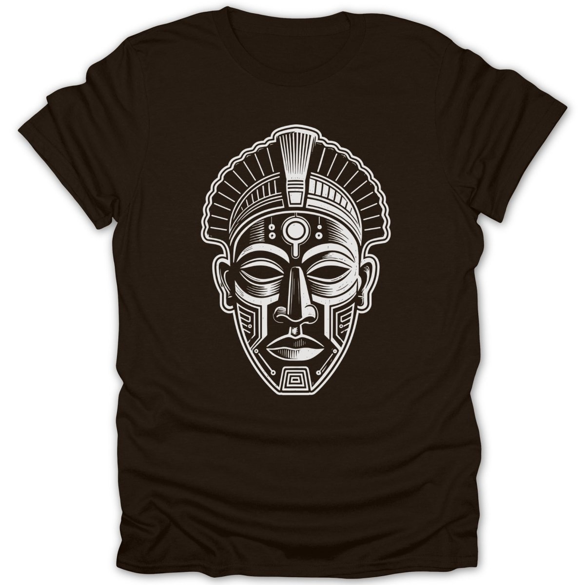 Dark brown t-shirt with a white graphic of a stylized tribal mask.