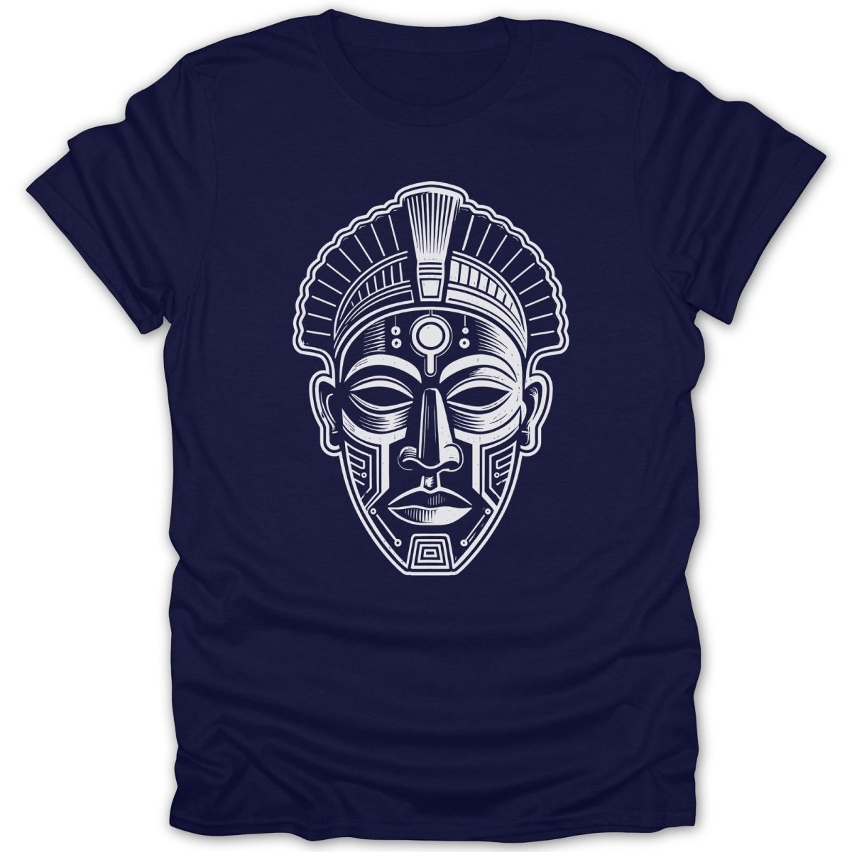 Navy t-shirt with a white tribal mask design centered on the chest.
