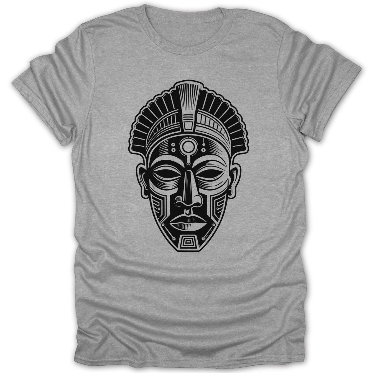Black and white graphic of an African mask design on a gray t-shirt.