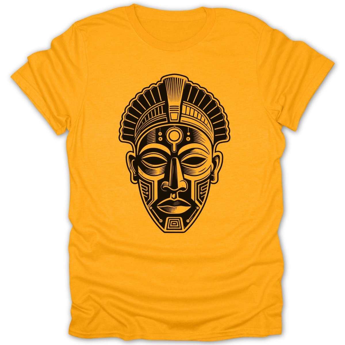 Black tribal mask graphic on a yellow t-shirt.